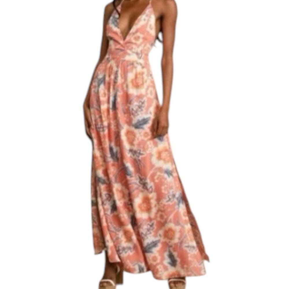 Lulus O’Neill Annalisa Beachy Coral Multi Floral Print Halter Maxi Dress Small